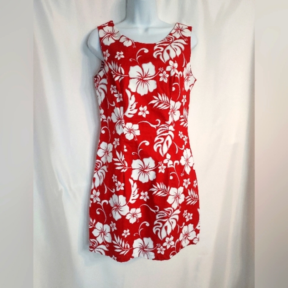 AL Oha Republic red/white/gray Floral Print Hawaii Tropical Shift Dress